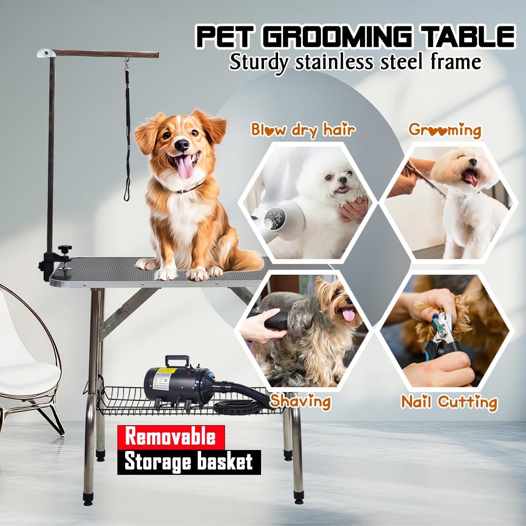 Foldable Pet Grooming Table with Non-slip surface, Folding crossbeams, and Portable Beauty station for small to medium pets, Space saving design, Storage Basket, Adjustable Arm & Noose, 152 cm (Black)