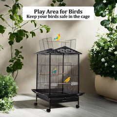 Bird Cage - Bird House & Villa - Parrot Cage for Small to Medium-Sized Birds – 87 cm Durable Metal Birdcage with Wooden Standing Perch, Feeding Cups, Slide-Out Tray, and Universal Wheels