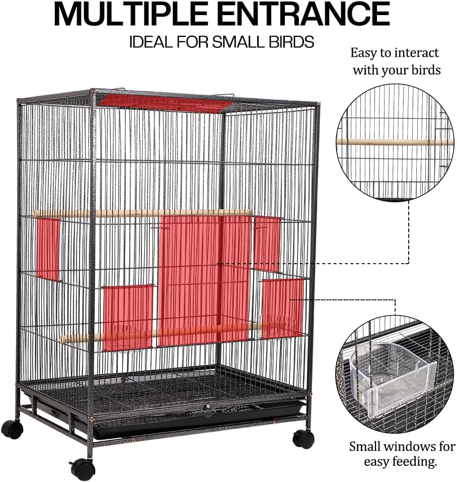 Bird cage for Small to Medium birds, Wrought iron bird cage with Open-top design, Feeding cups, Wooden Perches, Slide-out tray, and Universal wheels, Ideal for Indoor/Outdoor use, 85 cm (Black)