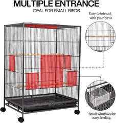 Bird cage for Small to Medium birds, Wrought iron bird cage with Open-top design, Feeding cups, Wooden Perches, Slide-out tray, and Universal wheels, Ideal for Indoor/Outdoor use, 85 cm (Black)