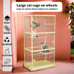 Large cat cage with 3 lockable doors, Cozy hammock, Wide platforms, Climbing ladder, and Universal wheels, Durable metal wire cat cage, Ideal for Multi-cat households, Easy assembly 172 cm (Yellow)