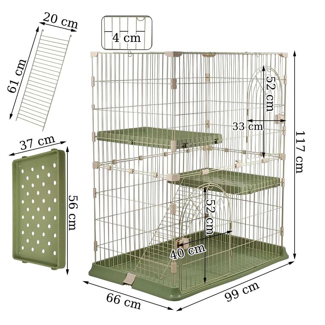 Cat cage with Durable metal wire, Wide plastic perch, Lockable door, and Climbing ladder, double-layer cat cage enclosure for Cats & Kittens, Suitable for indoor/outdoor use 117 cm (Green)