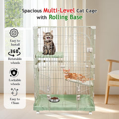 Cat Cage with Rolling Casters, Elevated Lounging Platforms, Secure Locking Doors, and Leak-Proof Base, Heavy-Duty Metal Cat Enclosure for Indoor Cats & Kittens, Easy to Assemble, 101 cm, Green