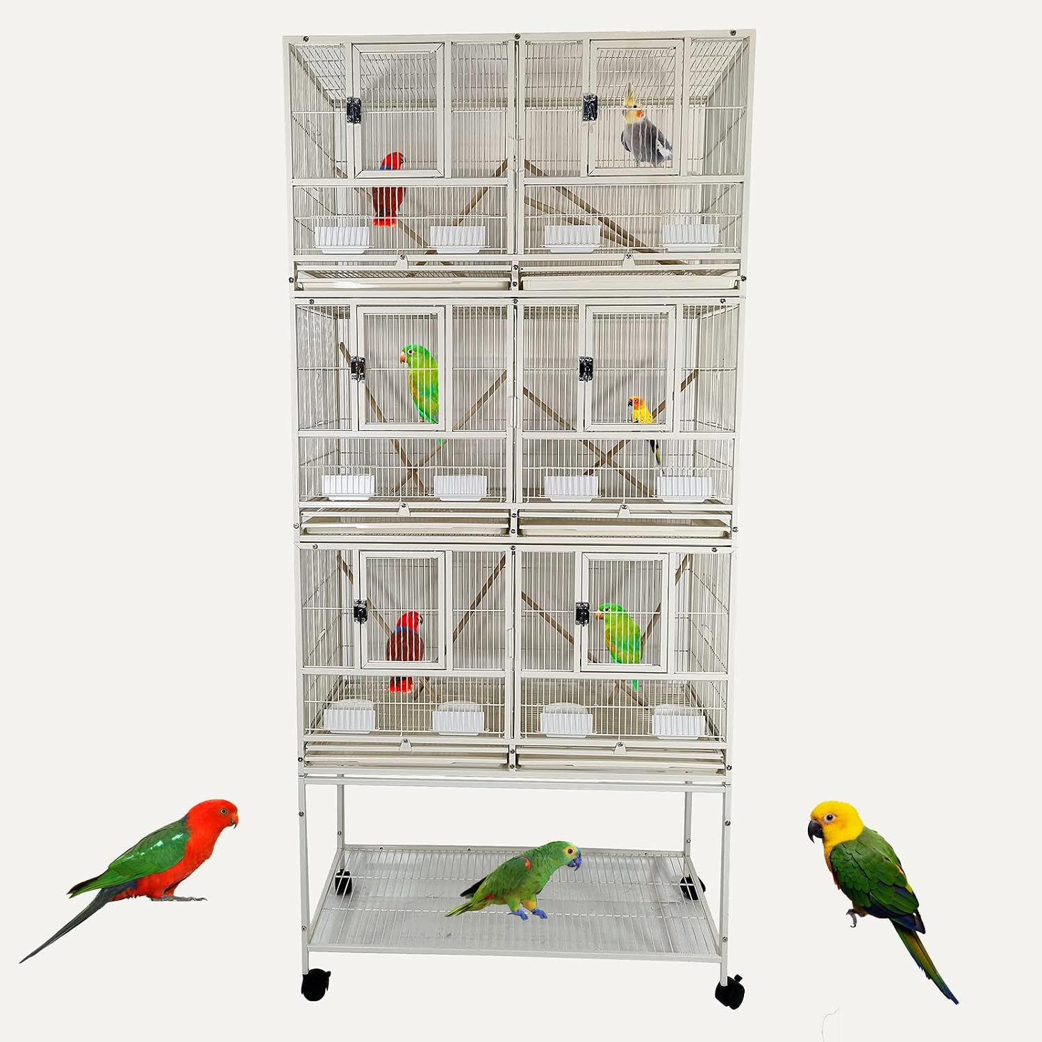 Bird cage for bird breeding, Durable bird cage with 3-layer design, Wooden perches, Plastic food cups, Removable tray, Bottom shelf, and Universal wheels, Easy to assemble 210 cm (White)
