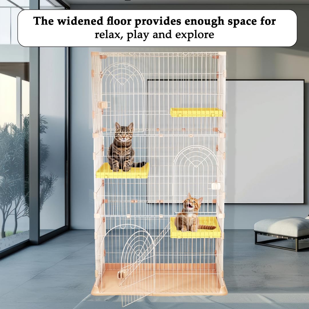 NNC PETS Large Cat Cage Playpen Kennel with Metal Wire - 177cm 3-Tier Cat Crate House - 3-lockable Doors, Wide Platforms, Climbing Ladder & Leak-Proof Plastic Base - Easy to Assemble (Pink, Large)