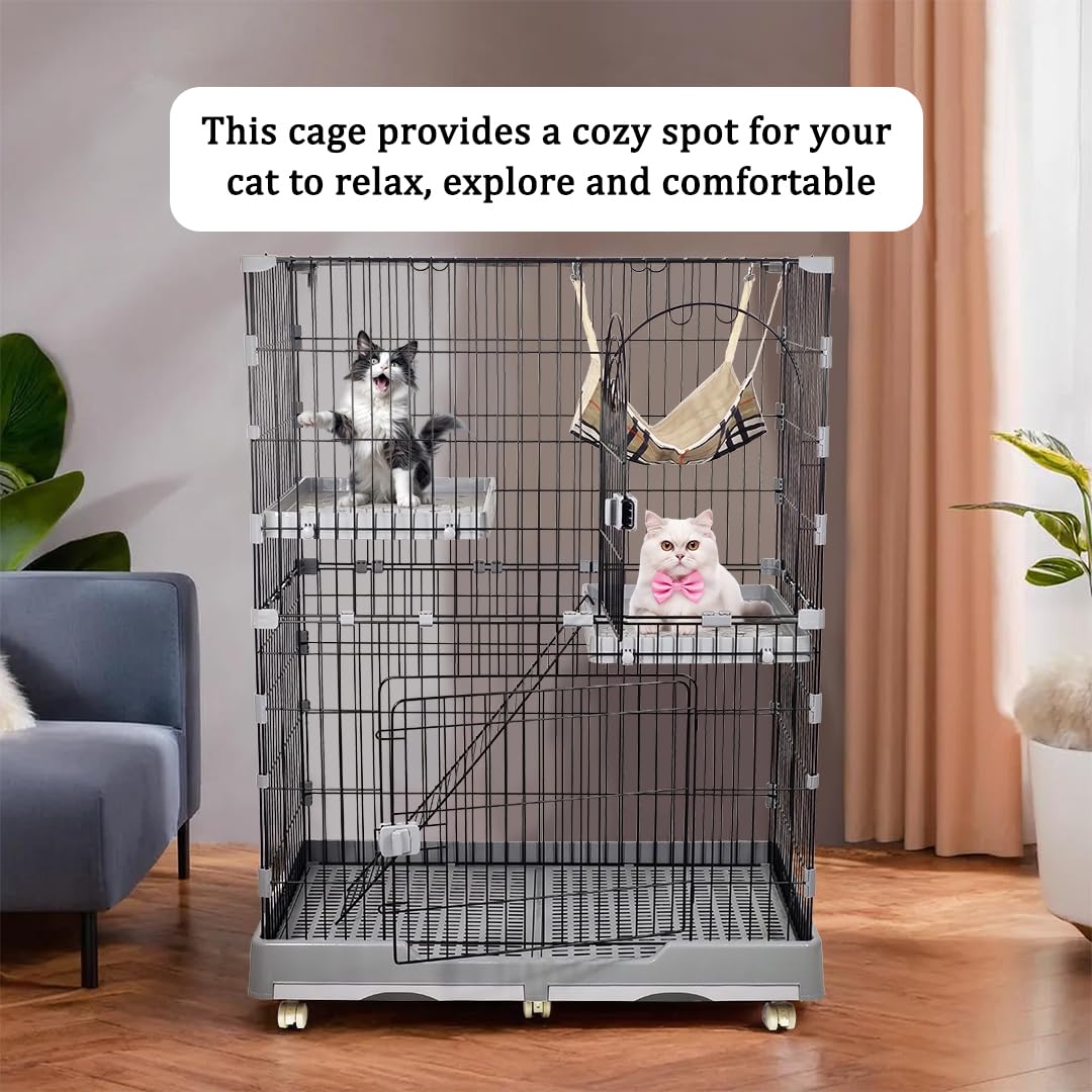 Cat cage with Wide platforms, Cozy hammock, Climbing ladder, Slide-out tray, and Universal wheels, 2-layer metal wire cat cage for Multi-cat households, Ideal for indoor/outdoor 132 cm (Grey)