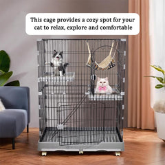 Cat cage with Wide platforms, Cozy hammock, Climbing ladder, Slide-out tray, and Universal wheels, 2-layer metal wire cat cage for Multi-cat households, Ideal for indoor/outdoor 132 cm (Grey)