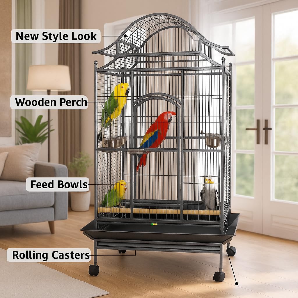 Large Bird Cage for Parrots, Macaws & Other Birds - 180cm Durable Metal Cage with Wooden Perches, Feeding Bowls, Removable Tray & Universal Wheels - Ideal for Indoor & Outdoor (Pitch Black, Large)