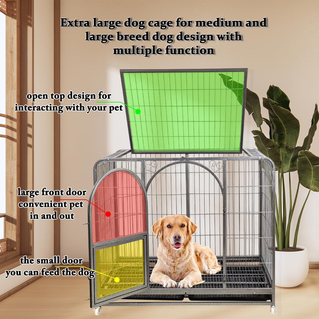 Large dog cage with Open-top design, Lockable door, Removable tray, and Universal wheels, Heavy-duty metal dog cage for medium to large breeds, Suitable for indoor & outdoor use 125 cm (Silver)