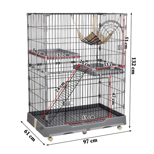 Cat cage with Wide platforms, Cozy hammock, Climbing ladder, Slide-out tray, and Universal wheels, 2-layer metal wire cat cage for Multi-cat households, Ideal for indoor/outdoor 132 cm (Grey)