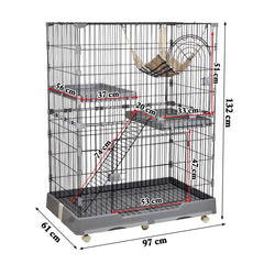 Cat cage with Wide platforms, Cozy hammock, Climbing ladder, Slide-out tray, and Universal wheels, 2-layer metal wire cat cage for Multi-cat households, Ideal for indoor/outdoor 132 cm (Grey)