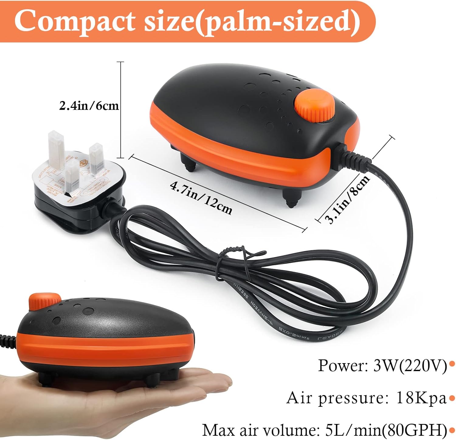 Aquarium Air Pump 3W Aquarium Air Pump, 300L/H Silent Adjustable Fish Tank Bubbler, Powerfu Oxgen Pump for up to 450L Fish and Turtle Tank
