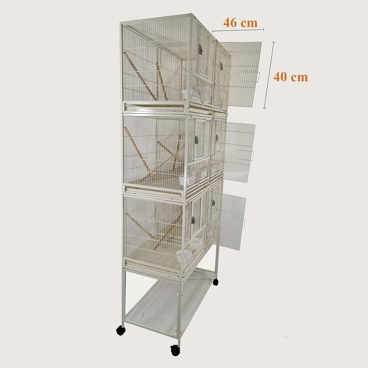 Bird cage for bird breeding, Durable bird cage with 3-layer design, Wooden perches, Plastic food cups, Removable tray, Bottom shelf, and Universal wheels, Easy to assemble 210 cm (White)