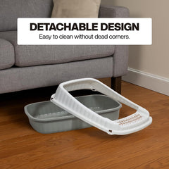 Semi-enclosed Cat litter box for Small-sized cats, Odor control plastic kitten toilet with Litter scoop, Grid design, Lightweight, and Raised fence, Detachable for easy cleaning, 37 cm (Grey)