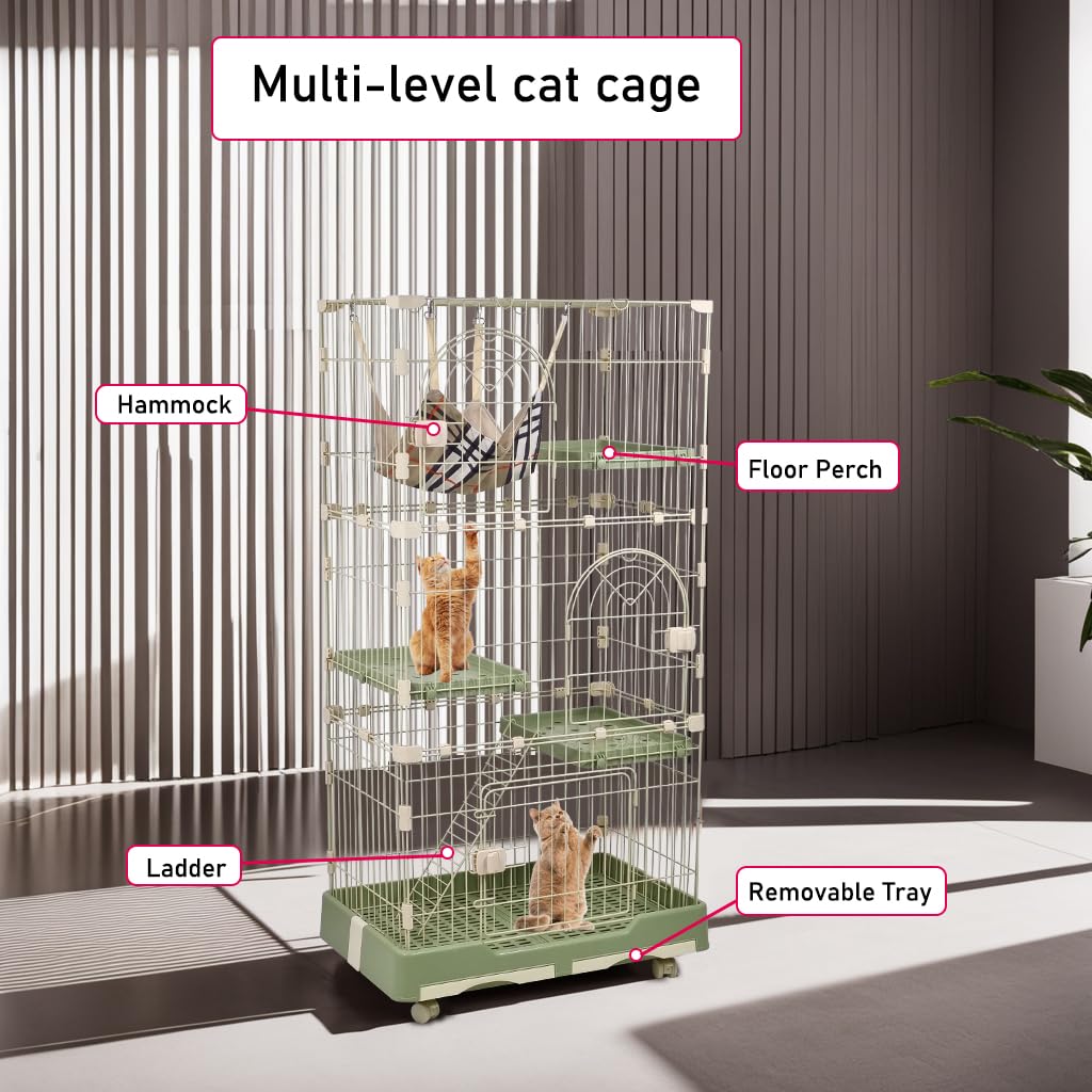 NNC PETS 3-Tier Cat Cage Indoor - Large Metal Cat Crate Kennel with 3 Lockable Doors - Cozy Hammock & Wide Platforms - Climbing Ladder, Drawer Tray & Universal Wheels, 146cm(Green, Large)