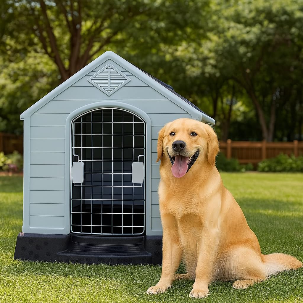 Dog House Outdoor & Indoor Use | Plastic Durable Waterproof & Weatherproof Designed Dog Home | All-Season Shelter with Air Vents, Lockable Door & Elevated Floor, Easy To Assemble (Grey, 70cm)