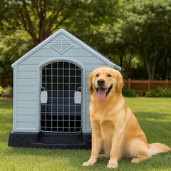 Dog House Outdoor & Indoor Use | Plastic Durable Waterproof & Weatherproof Designed Dog Home | All-Season Shelter with Air Vents, Lockable Door & Elevated Floor, Easy To Assemble (Grey, 70cm)