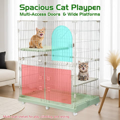 2-Tier Cat Cage with Locking Wheels, Wide Shelves, Multi-Access Door, and Sturdy Metal Wire, 117 cm Cat Playpen for Indoor-Outdoor Use, Durable Pet Crate, Easy to Assemble and Easy to Clean, (Green)