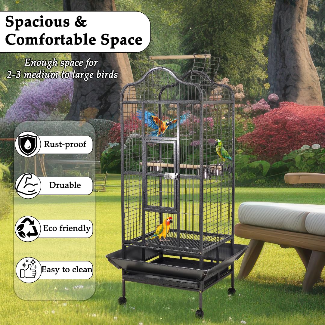 Bird Cage Large with Open-Top Design, Parrots, Parakeet, Macaw | Feeding Bowls & Wooden Perches | Removable Tray & Universal Wheels | Suitable for All Birds