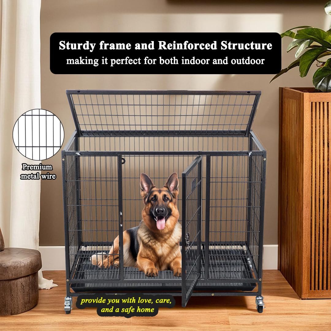 Dog Cage - Heavy-Duty Metal Dog Crate for Large, Medium & Small Dogs - Dog Kennel with Stackable Design with Open-Top Cover, Lockable Door, Tray & Universal Wheels, Indoor & Outdoor Use, 94cm (Black)