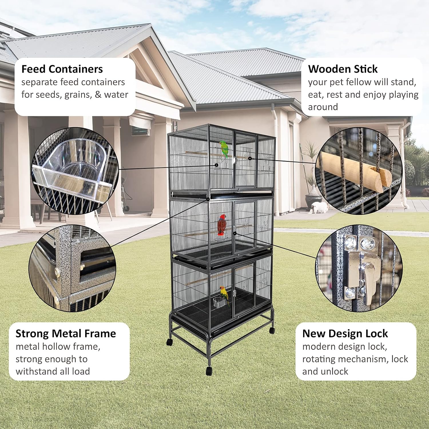 Bird Cage, Parrot cage, Metal Cage with Plastic base, Multiple compartments cage, Birds Village, Birds House, Indoor use, Easy to Assemble, Black color metal bars, 180 cm height
