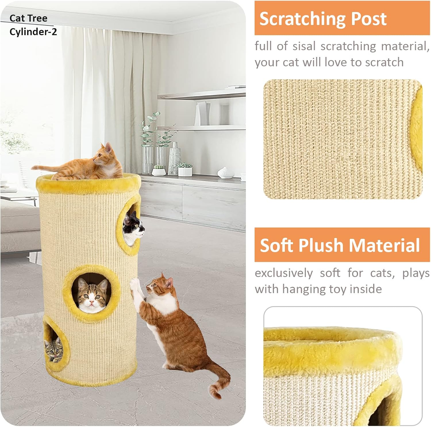 Cylinder cat tree activity center for indoor cats, Multi-level cat climbing tree with Dangling ball, Sisal scratching post, and Comfortable cat beds, Easy to assemble 75 cm (Yellow)
