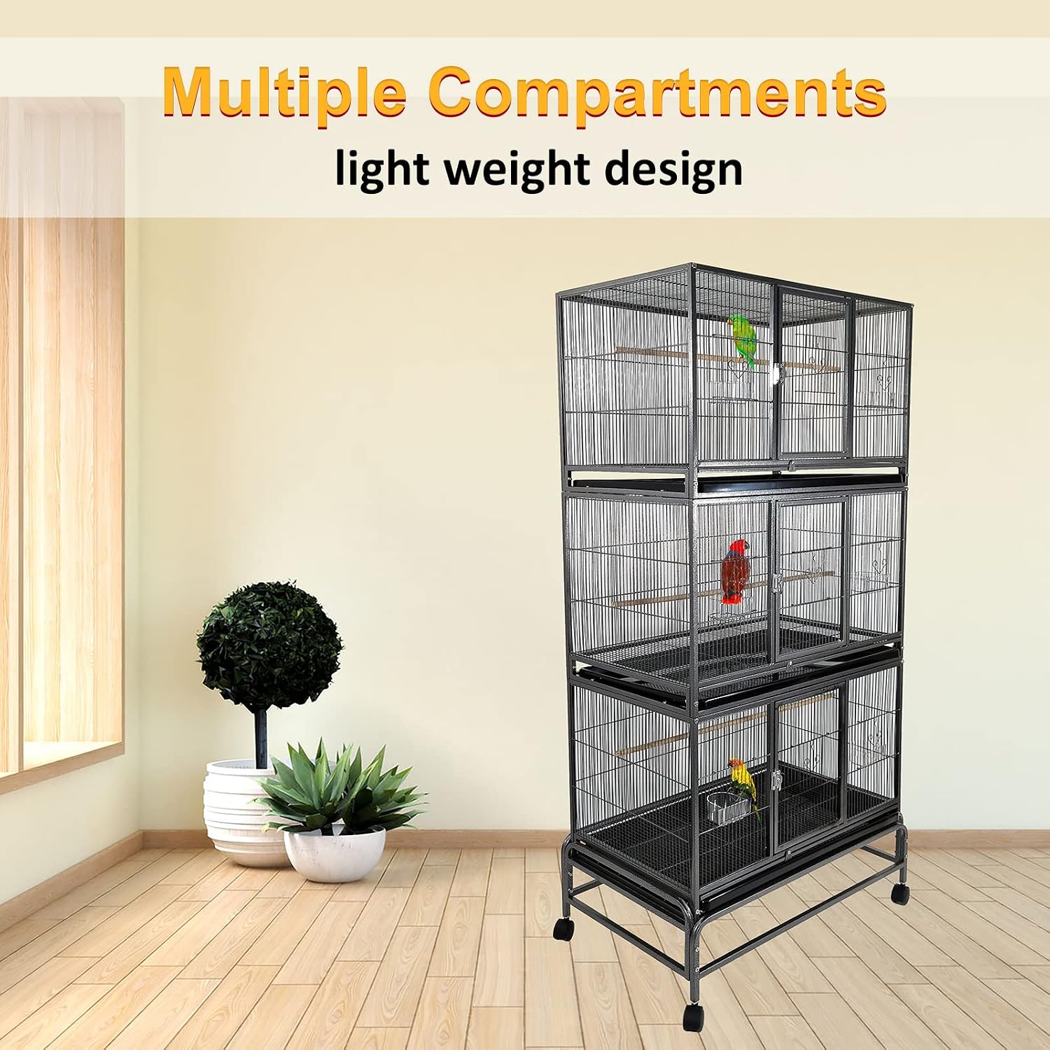Bird Cage, Parrot cage, Metal Cage with Plastic base, Multiple compartments cage, Birds Village, Birds House, Indoor use, Easy to Assemble, Black color metal bars, 180 cm height
