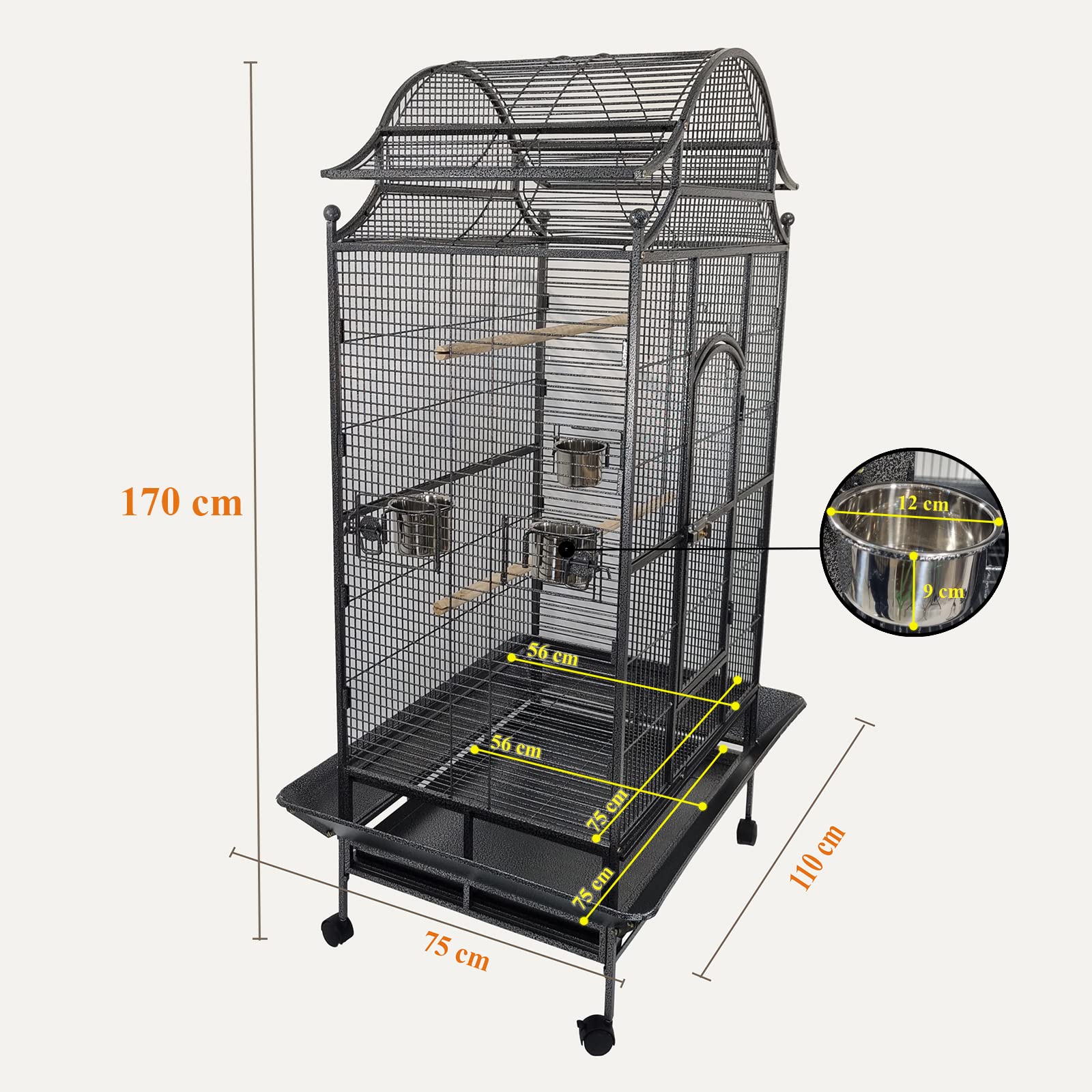 Large Bird Cage for Parrots, Macaws & Other Birds - 180cm Durable Metal Cage with Wooden Perches, Feeding Bowls, Removable Tray & Universal Wheels - Ideal for Indoor & Outdoor (Pitch Black, Large)