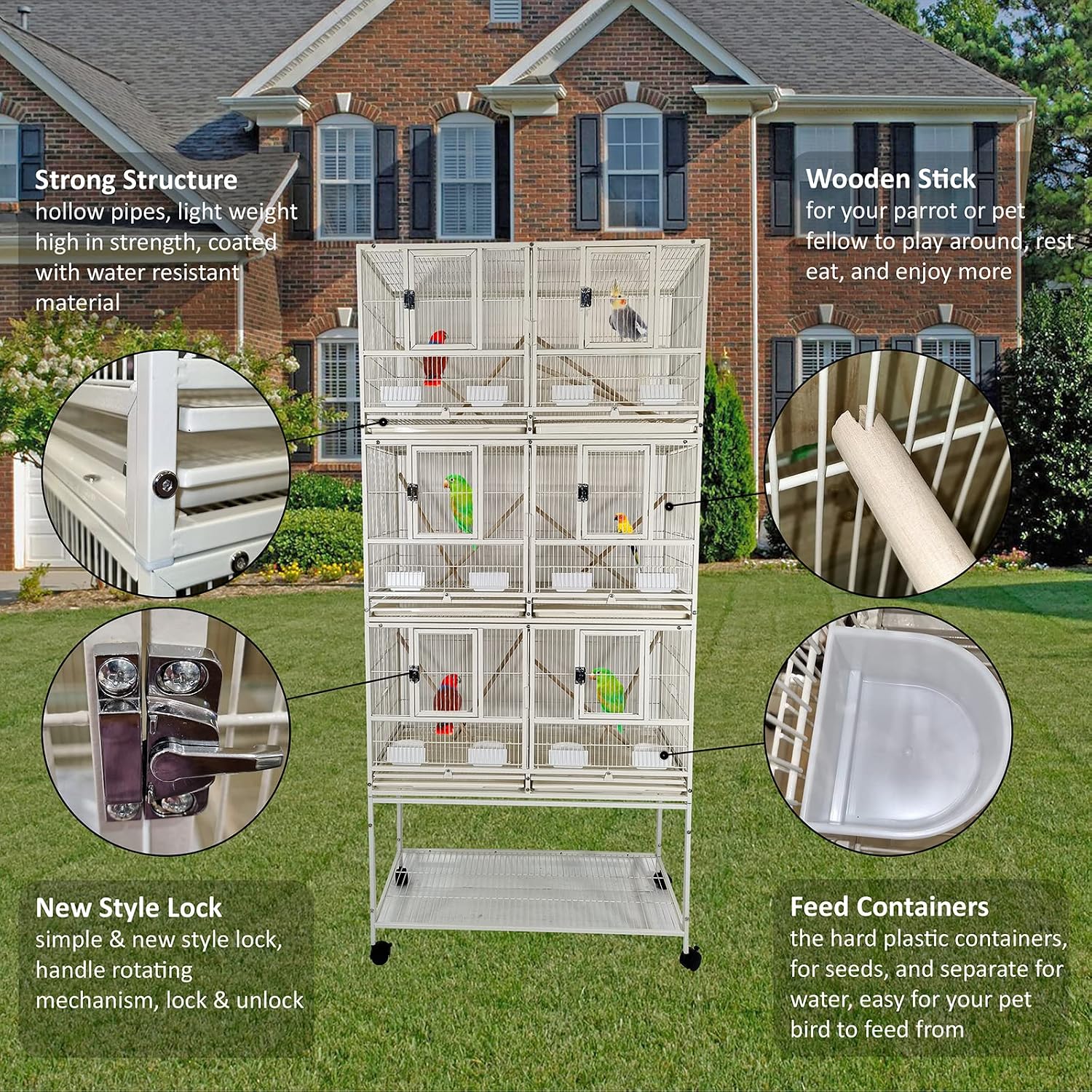 Bird cage for bird breeding, Durable bird cage with 3-layer design, Wooden perches, Plastic food cups, Removable tray, Bottom shelf, and Universal wheels, Easy to assemble 210 cm (White)