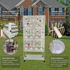 Bird cage for bird breeding, Durable bird cage with 3-layer design, Wooden perches, Plastic food cups, Removable tray, Bottom shelf, and Universal wheels, Easy to assemble 210 cm (White)