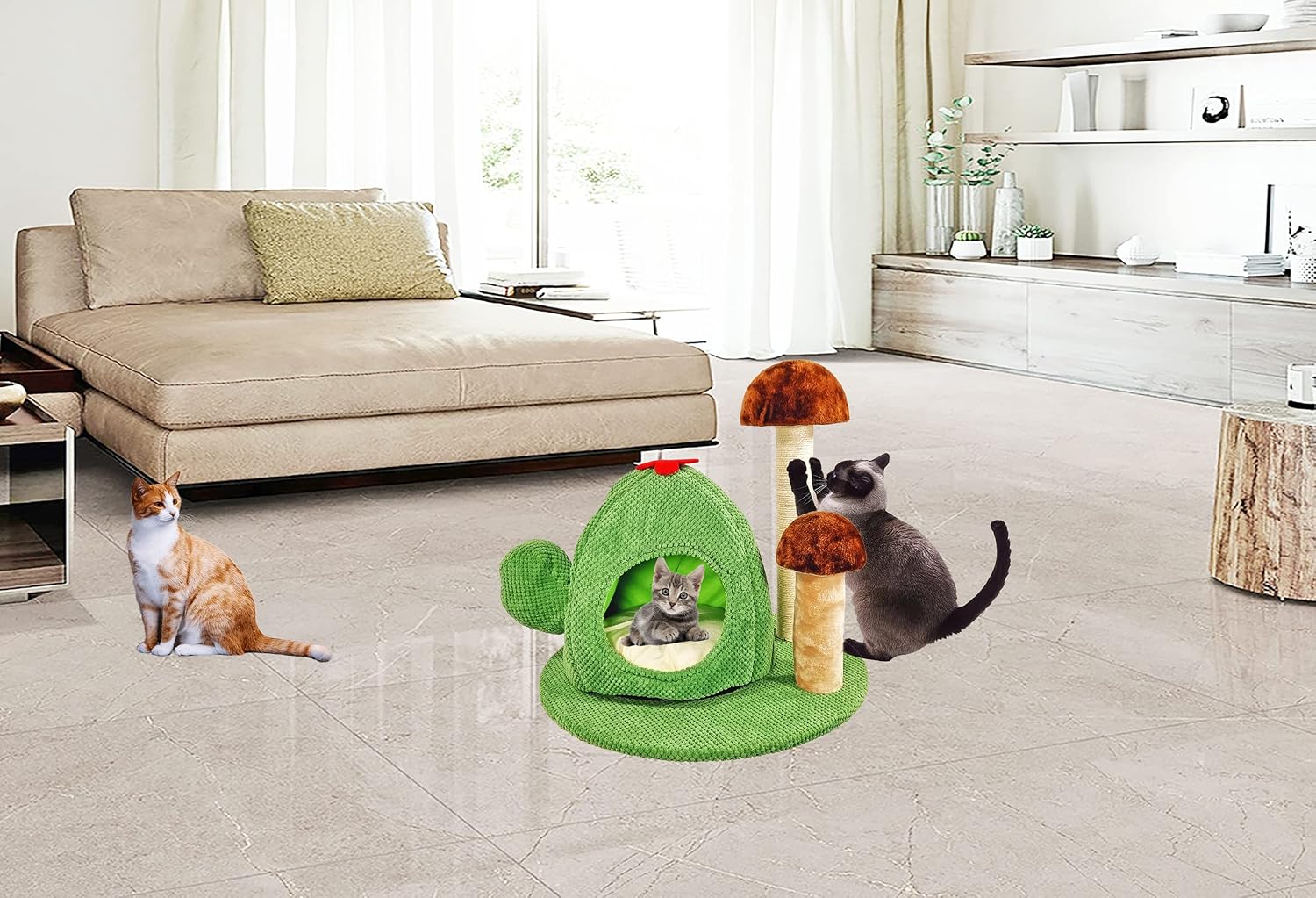 Cat tree scratcher with Turtle shaped cat condo and Mushroom scratching post, Detachable design cat tree activity center for indoor cats, Easy to assemble 52 cm (Green)