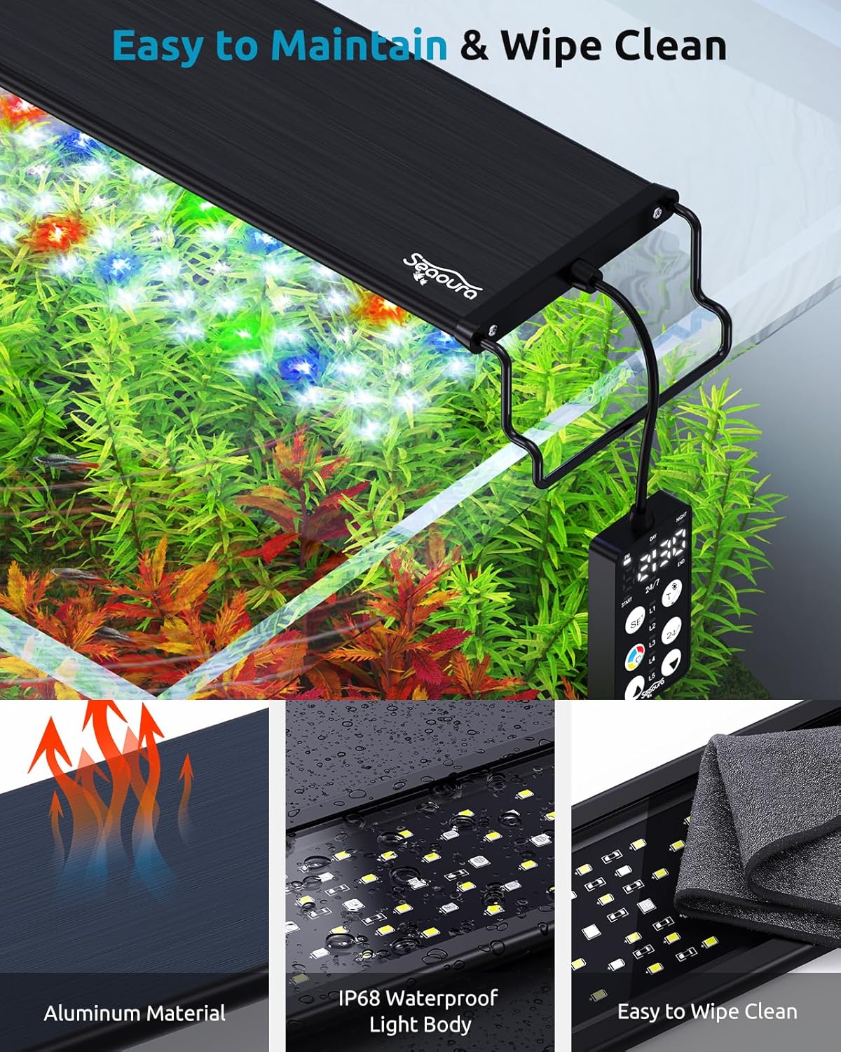 Aquarium Light, 24/7 Custom Timer, Power-Off Memory, 7-Row LED 24-30in Full Spectrum Fish Tank Light, 8 Colors, 20 Brightness, Day&Night Cycle, Adjustable Mount for Freshwater Plant Growth