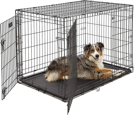 Foldable metal dog cage for medium to large breeds, Heavy-duty metal dog crate with Lockable doors and Plastic leak-proof pan tray, Ideal for Indoor/Outdoor use, Easy to assemble, 107 cm (Black)