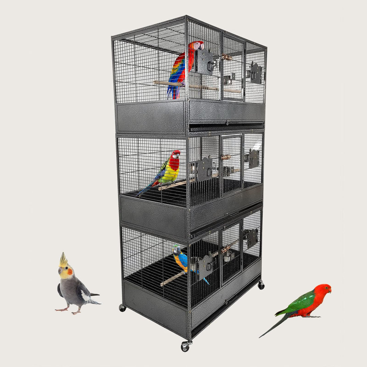 Large triple stackable bird cage with Wooden perches, Food bowls, Removable tray, and Universal wheels, Wrought iron bird breeding cage for Parakeets, Lovebirds, and Cockatiels, 186 cm (Black)