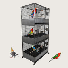 Large triple stackable bird cage with Wooden perches, Food bowls, Removable tray, and Universal wheels, Wrought iron bird breeding cage for Parakeets, Lovebirds, and Cockatiels, 186 cm (Black)