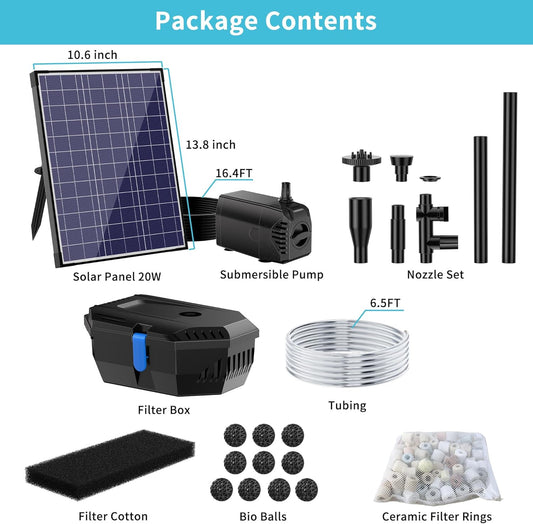 Solar Pond Filter Fountain, 20W Solar Pond Pump with Pond Filter, 16.4FT Cord, 6.6FT Tubing for Outdoor Small Pond, Fish Tank, Pool, Garden Waterscape