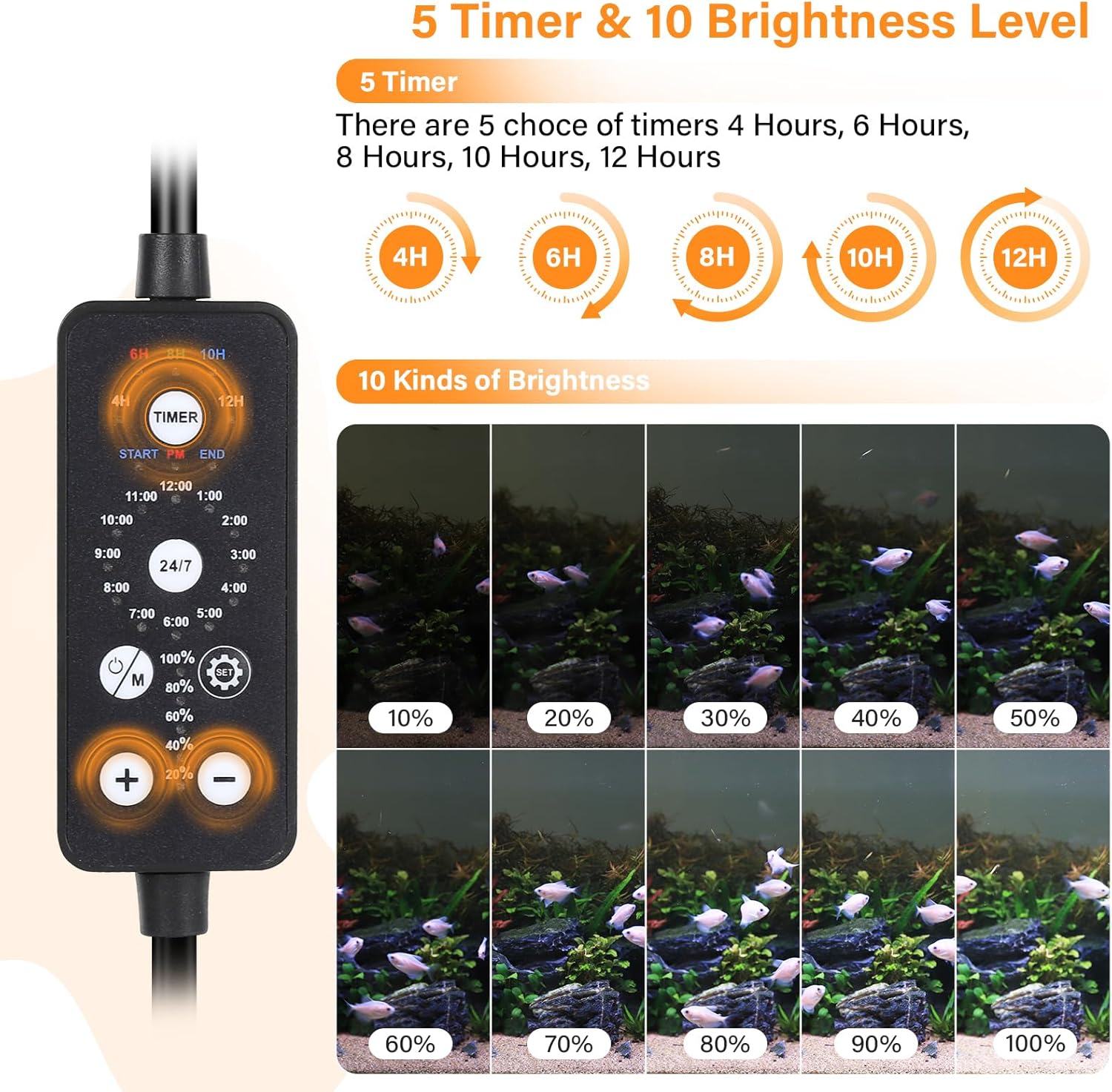 Submersible LED Aquarium Light, 24W 26.8 in 24/7 Mode Fish Tank Light with 5 Rows Beads, withTimer 9 Colors and Adjustable Brightness, Full Spectrum IP68 Waterproof Light for Fish Tank 28-54 in