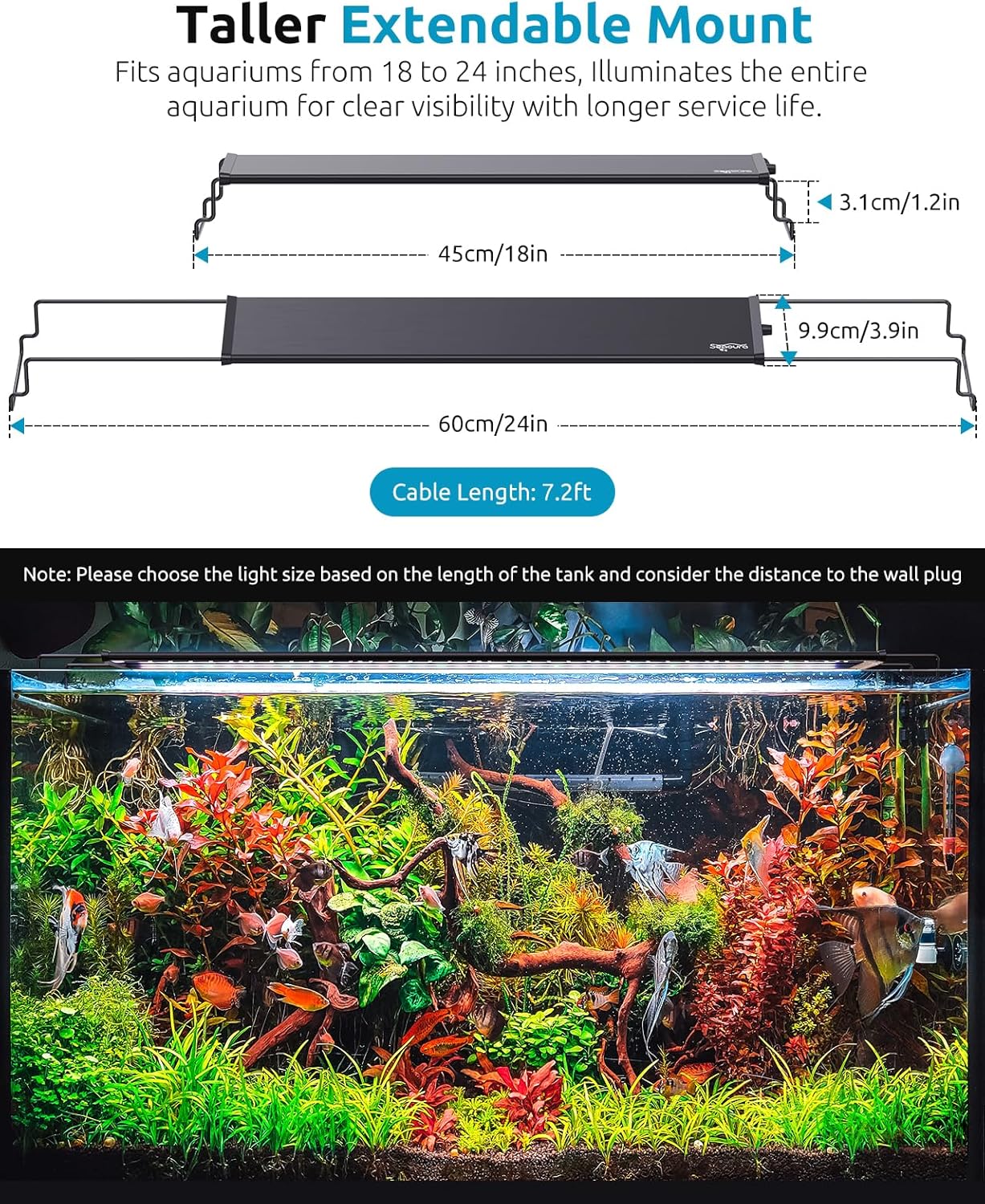 Aquarium Light, 24/7 Custom Timer, Power-Off Memory, 7-Row LED 24-30in Full Spectrum Fish Tank Light, 8 Colors, 20 Brightness, Day&Night Cycle, Adjustable Mount for Freshwater Plant Growth