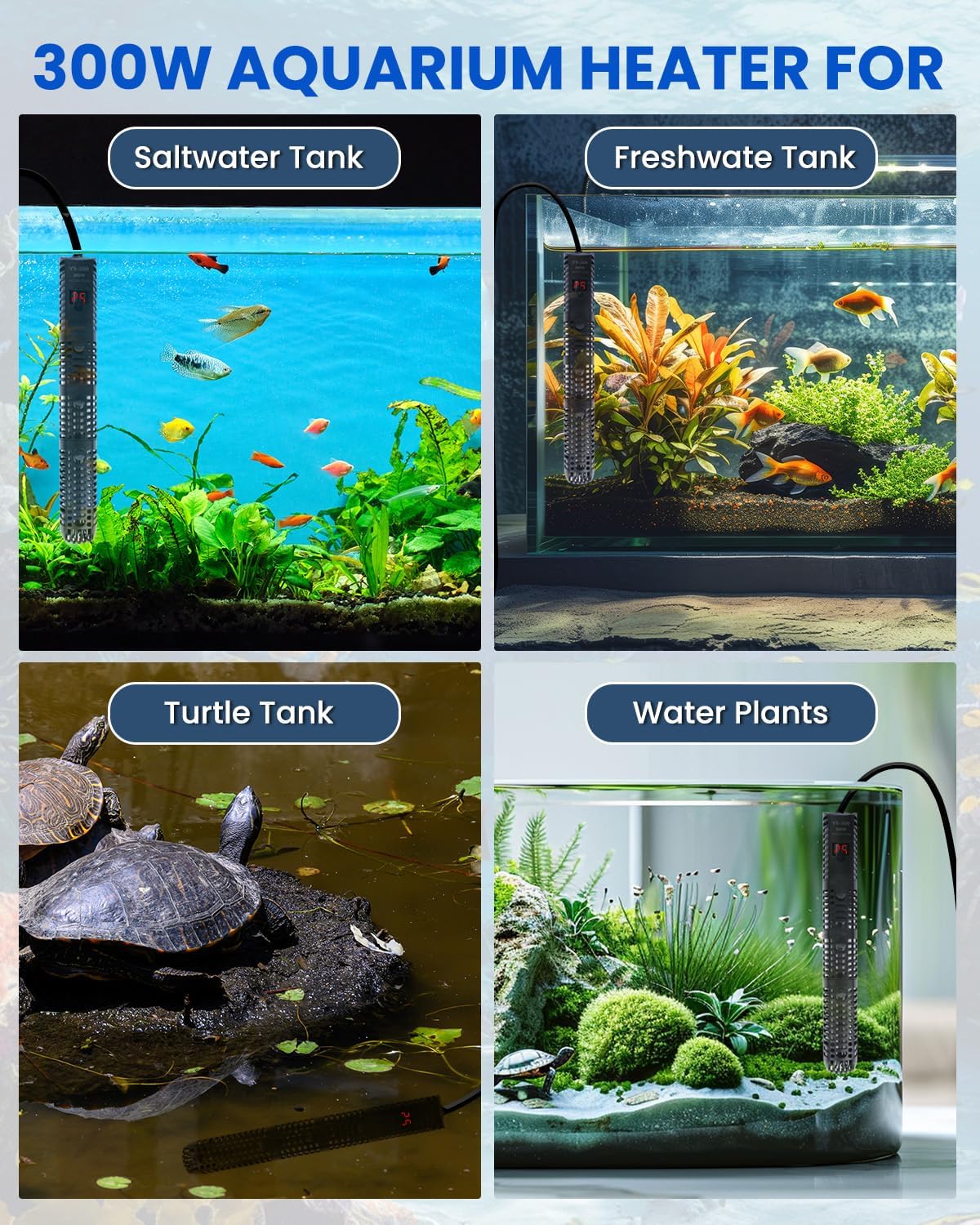 300W Aquarium Heater Digital Fish Tank Heater, Submersible Turtle Tank Heater for Tropical, LED Display of Water Temperature for 250L Tanks, Freshwater Betta Turtle