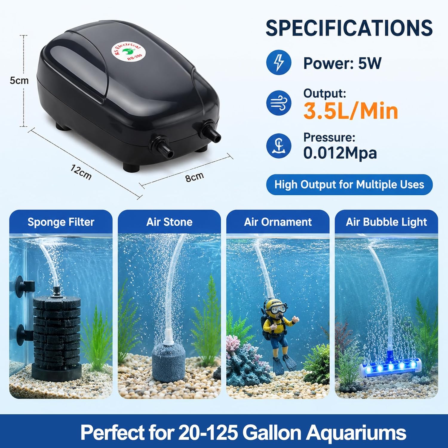 Aquarium Air Pump, 5W Dual Outlet Fish Tank Air Pump for 20-125 Gallon Tank, Ultra Silent Powerful Aquarium Pump Hydroponic Oxygen Aerator with Stones, Airline Tubing for Small Medium Large Fish Tank