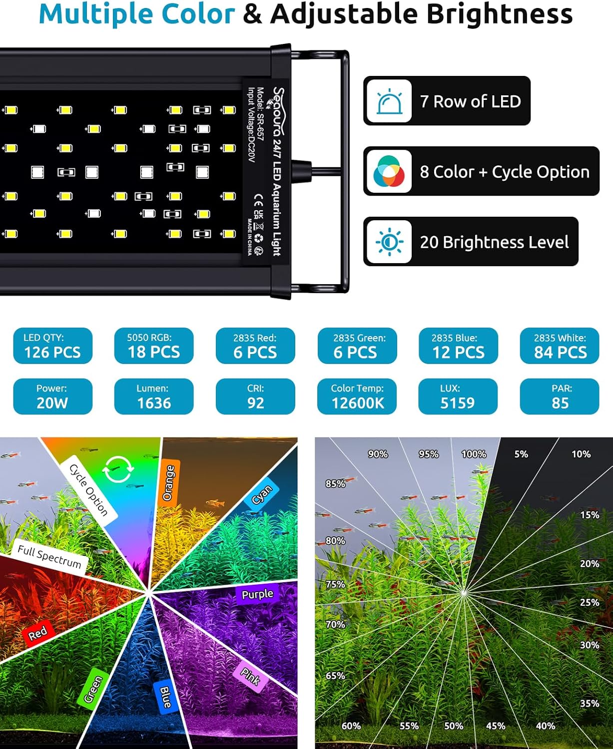 Aquarium Light, 24/7 Custom Timer, Power-Off Memory, 7-Row LED 24-30in Full Spectrum Fish Tank Light, 8 Colors, 20 Brightness, Day&Night Cycle, Adjustable Mount for Freshwater Plant Growth