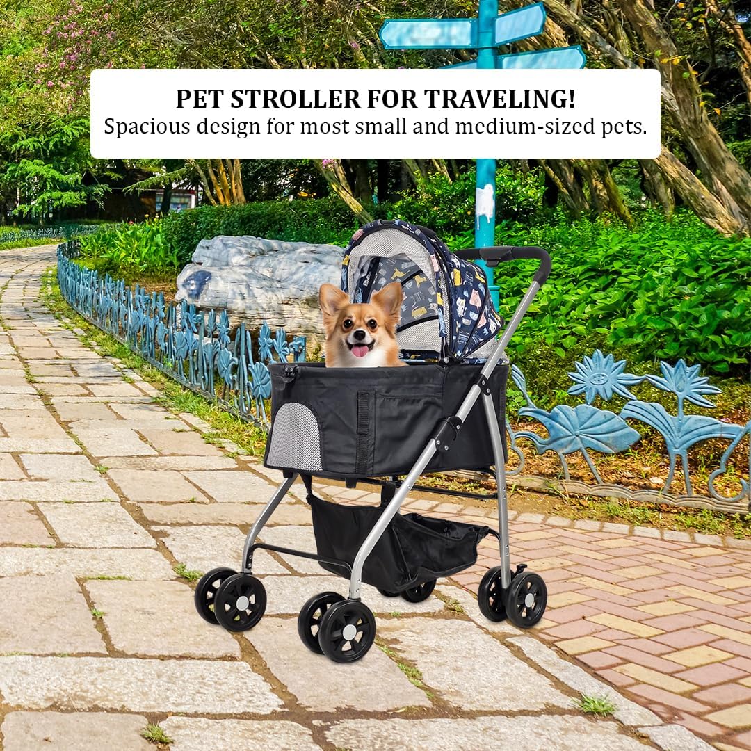 Dog Stroller & Trolley with Adjustable & Spacious Interior | 4 Wheel for Cats and Dogs | Lightweight & Foldable | Storage Bag | Travel & Outdoor Cat Stroller- 95 cm (Dark Black)