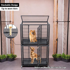 Dog Cage - Heavy-Duty Metal Dog Crate for Large, Medium & Small Dogs - Dog Kennel with Stackable Design with Open-Top Cover, Lockable Door, Tray & Universal Wheels, Indoor & Outdoor Use, 94cm (Black)