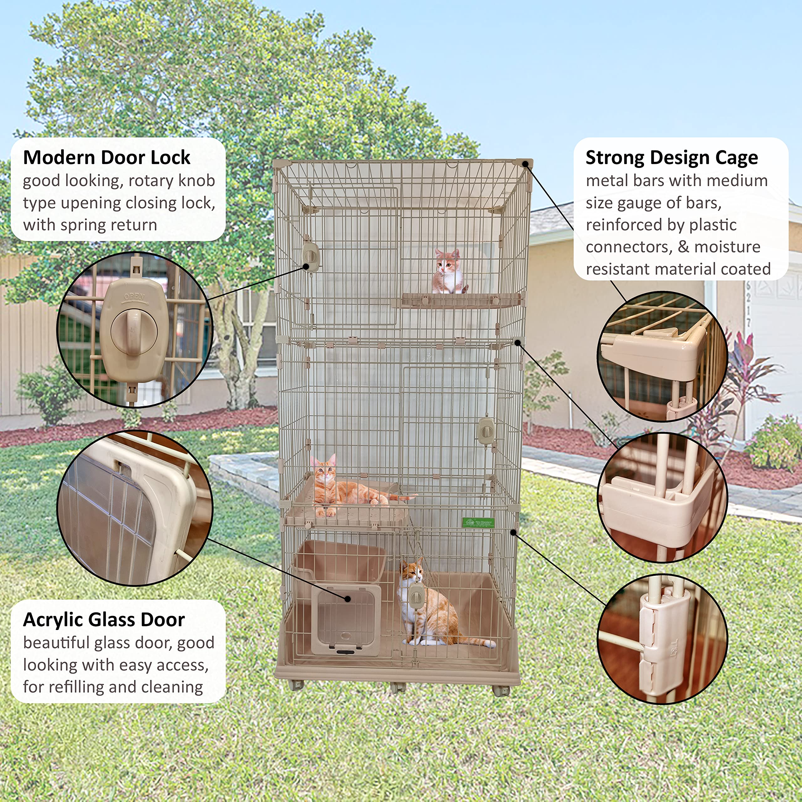 Large cat cage for Multi-cat household, 2-tier spacious cat cage with Multiple lockable doors, Climbing ladder, Food container, and Universal wheels, Ideal for Indoor/outdoor 178 cm (Pink)