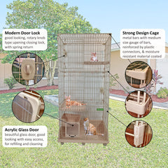 Large cat cage for Multi-cat household, 2-tier spacious cat cage with Multiple lockable doors, Climbing ladder, Food container, and Universal wheels, Ideal for Indoor/outdoor 178 cm (Pink)
