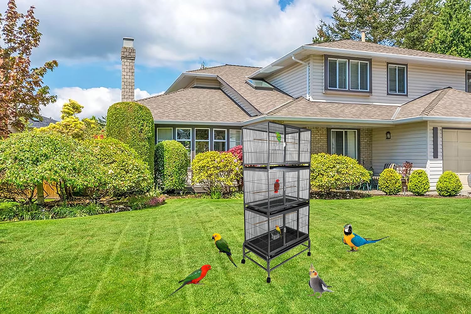 Bird Cage, Parrot cage, Metal Cage with Plastic base, Multiple compartments cage, Birds Village, Birds House, Indoor use, Easy to Assemble, Black color metal bars, 180 cm height