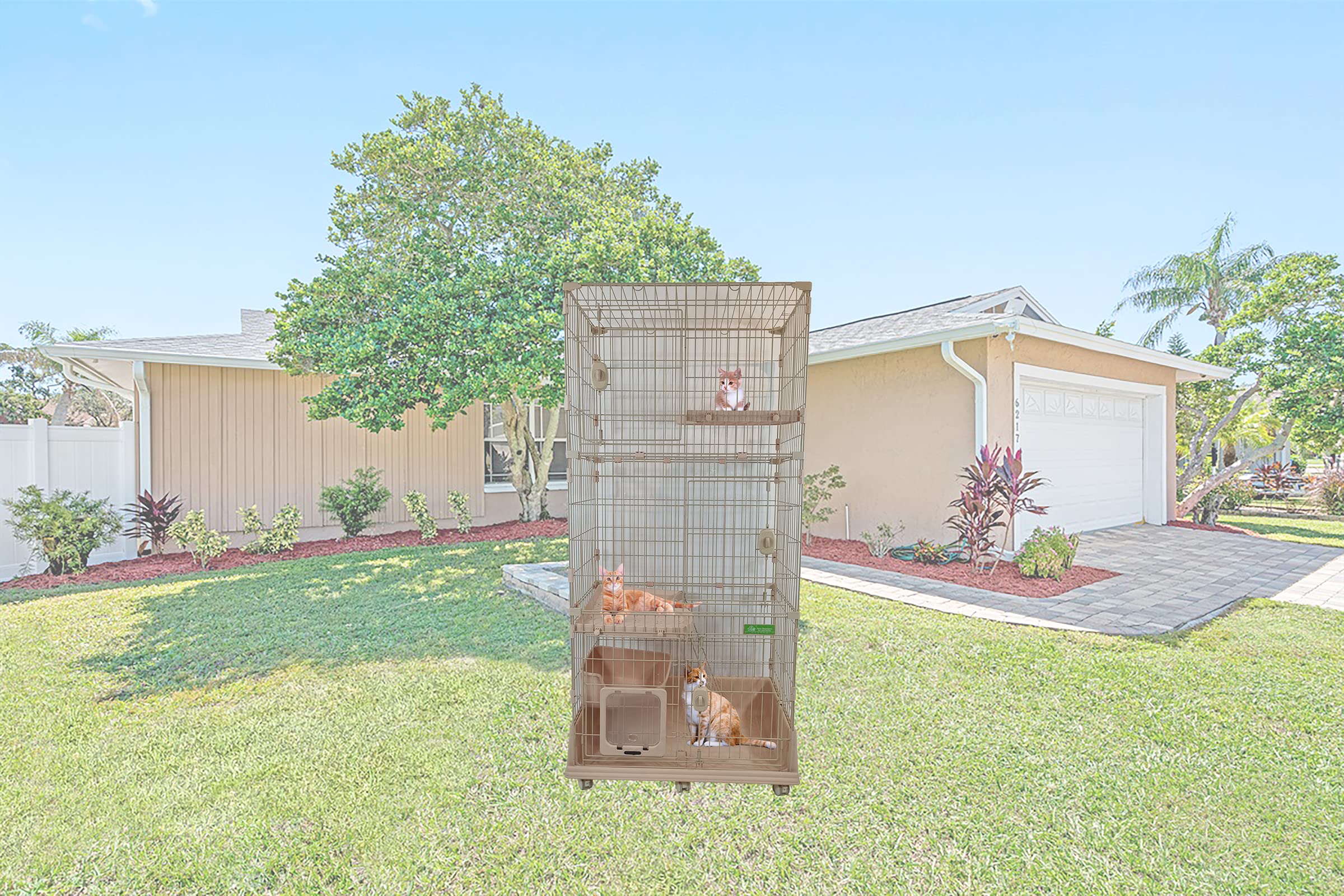 Large cat cage for Multi-cat household, 2-tier spacious cat cage with Multiple lockable doors, Climbing ladder, Food container, and Universal wheels, Ideal for Indoor/outdoor 178 cm (Pink)