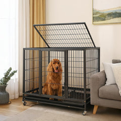 Dog Cage - Heavy-Duty Metal Dog Crate for Large, Medium & Small Dogs - Dog Kennel with Stackable Design with Open-Top Cover, Lockable Door, Tray & Universal Wheels, Indoor & Outdoor Use, 94cm (Black)