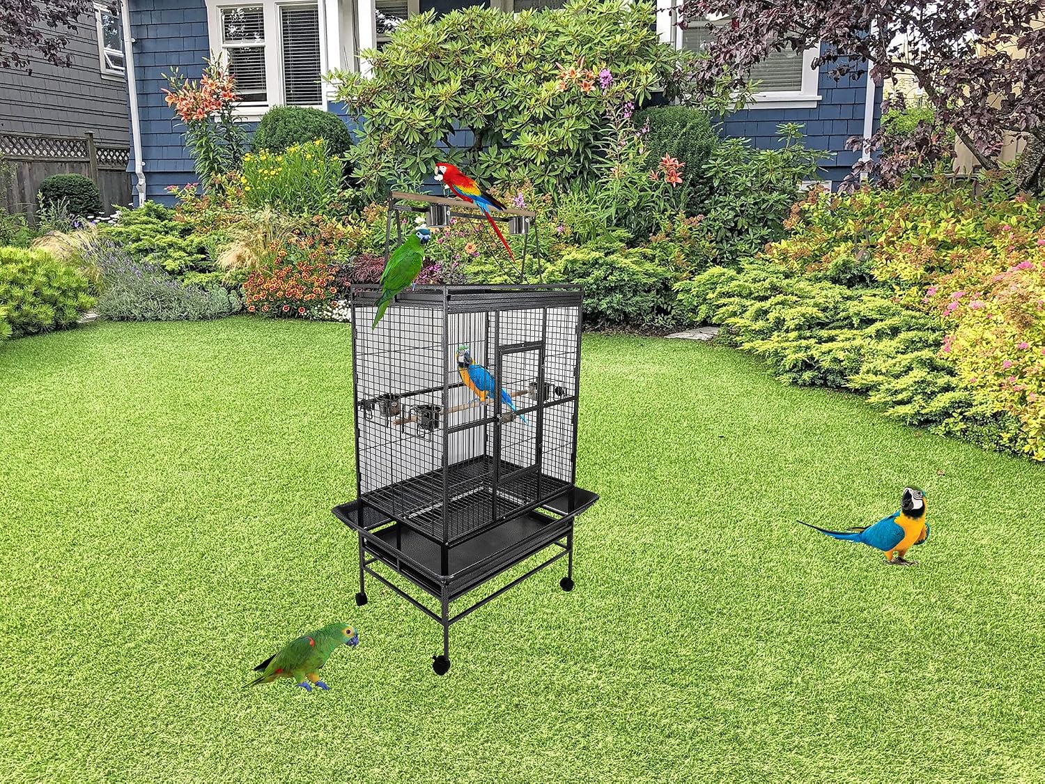 Large bird cage for Parrots, Macaws, and other birds, Spacious & Durable metal bird cage with Play-top area, Wooden perches, Feeding bowls, Removable tray, and Universal wheels 180 cm (Black)