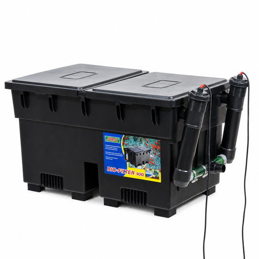 Pond Filter Bio-Filter 100, Heavy-Duty Biological Filtration System for Koi Ponds and Garden Ponds, Dual-Chamber Water Filter with UV-Compatible Design